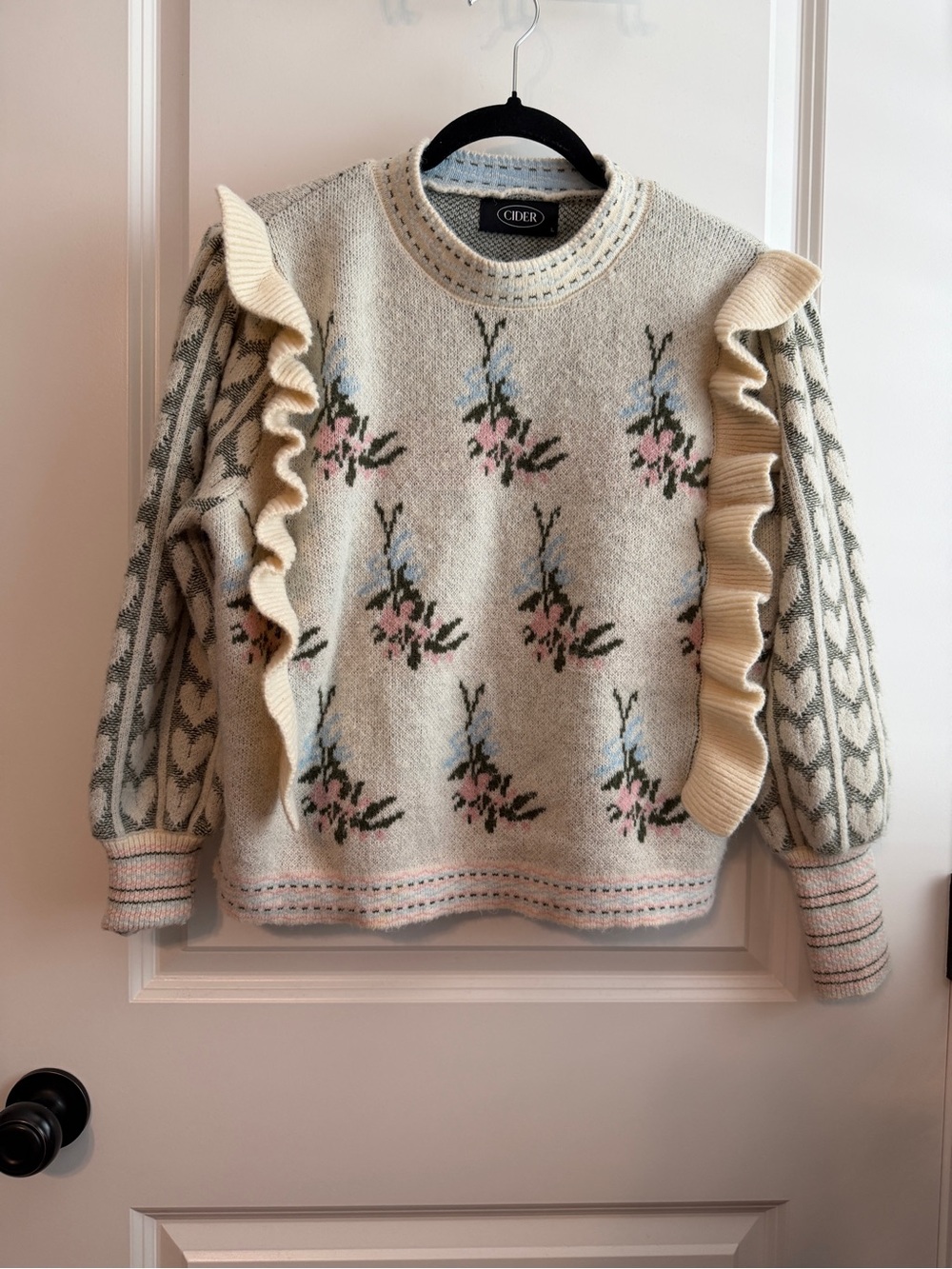 Cider Cream Knit Sweater with Pink & Blue Floral Accents